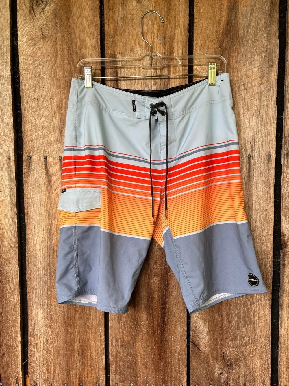 O’Neill Board Shorts Mens Size 30 Gray Orange Striped Surf Swim Trunks Stretch